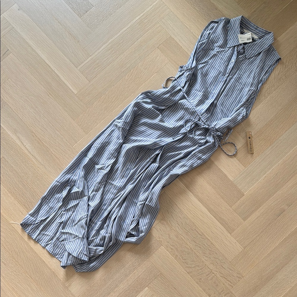 Rokoko striped blue and grey maxi shirt dress w/ tie at waist NWT size L